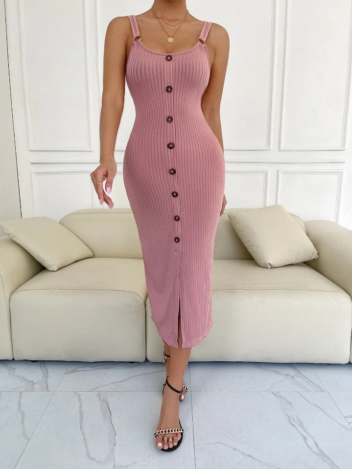 Women's Elegant Evening Dress 2024 Summer Autumn Latest Slim Fit Sexy Knitted Split One Step Skirt Strap Maxi Dress Long Skirt A