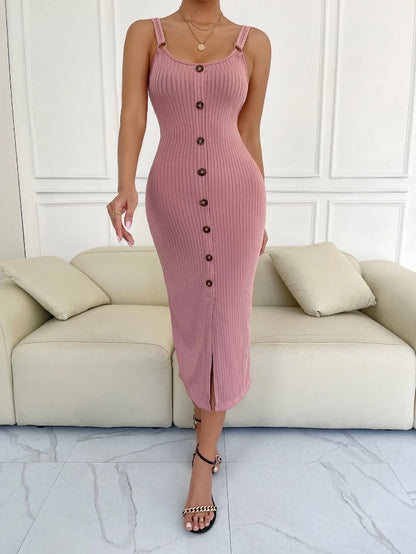 Women's Elegant Evening Dress 2024 Summer Autumn Latest Slim Fit Sexy Knitted Split One Step Skirt Strap Maxi Dress Long Skirt A