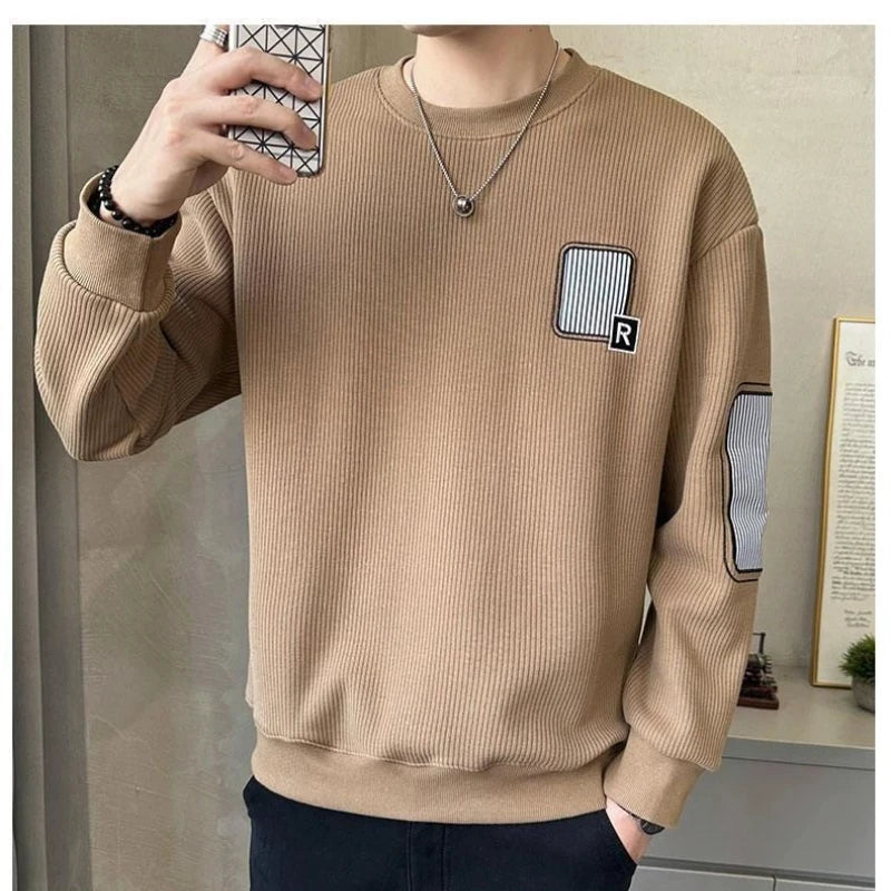 Trend Embroidery Street Casual Hoodies Sweatshirts Men's Long Sleeve Contrast Patchwork Fashion Tops Casual Vintage Men Clothing Khaki