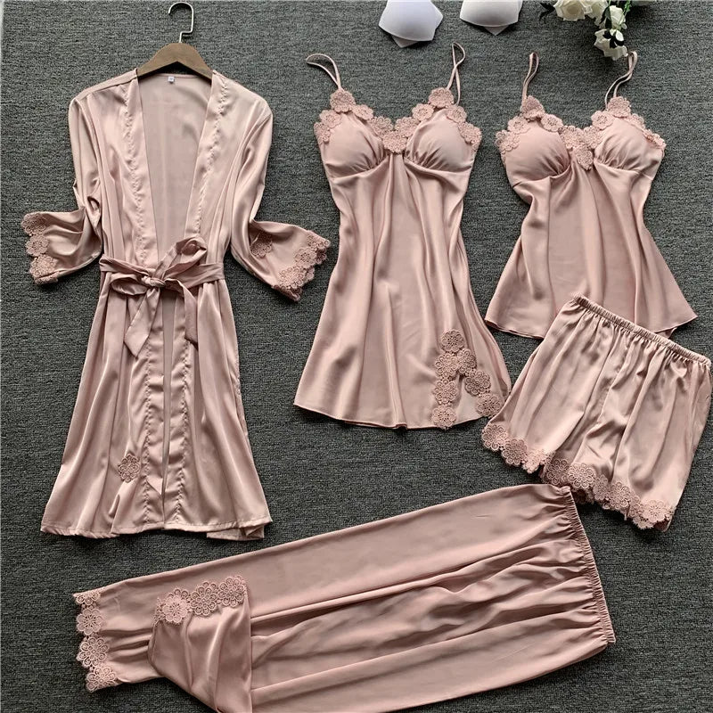 Pajamas Five Piece Set Sexy Lace Trim Nightgown Nightwear Spring Summer Women Bath Robe Loose Silk Satin Home Wear Pijamas Suit