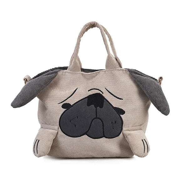 Cute Animal Handbags For Women Casual Travel Large Capacity Totes Shoulder Bags Pug Dog Corduroy Messenger Bag Feminine Bolsas khaki 19X11X20cm