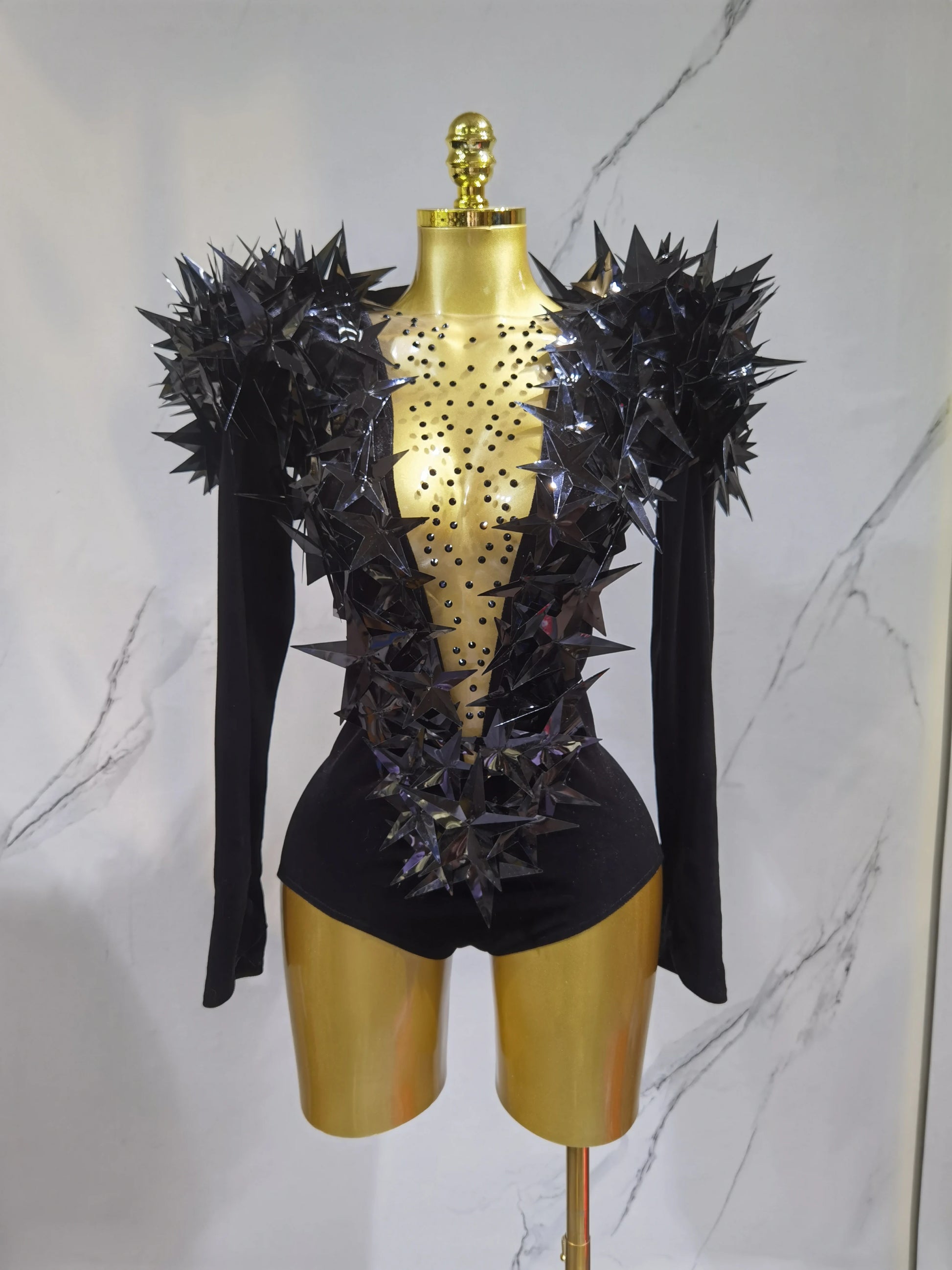 2025 New Shiny Black Rhinestone Velvet Long Sleeve Bodysuit Women Evening Party Club Gala Hosts NightClub Bar Stage Costumes black
