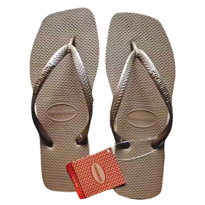 2025 Summer New Women's Square Toe Rubber Flip Flops Outdoor Beach Sandals Luxury Casual Slippers Size 35-42 Women's Shoes Alluvial Gold-N