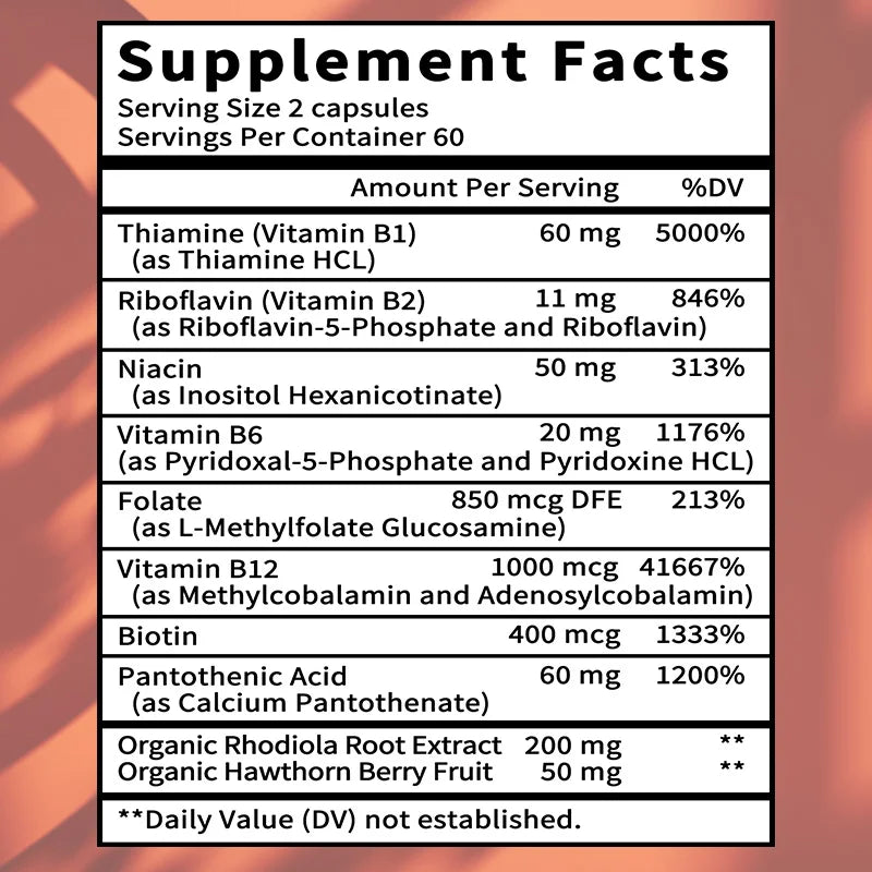 Adapto B Complex - High Potency with 8 B Vitamins, Rhodiola Rosea, and Hawthorn Berry - Supports Mental Energy, Cognition, Mood