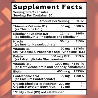 Adapto B Complex - High Potency with 8 B Vitamins, Rhodiola Rosea, and Hawthorn Berry - Supports Mental Energy, Cognition, Mood