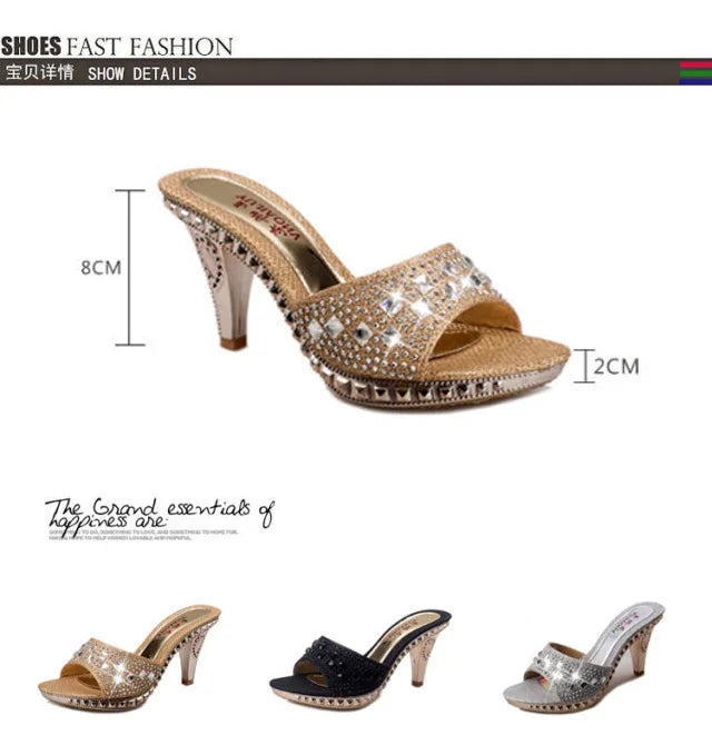 Summer Women Sandals Rhinestone Women Shoes Sexy High Heels Shoe Ladies Sandalias Gold Silver Women Slippers Heeled Sandals Sexy