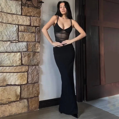 Mesh Thin Shoulder Strap Women's Plus Size Dress Sexy High Street Low Collar Patch Long Robe Women's Party Vest