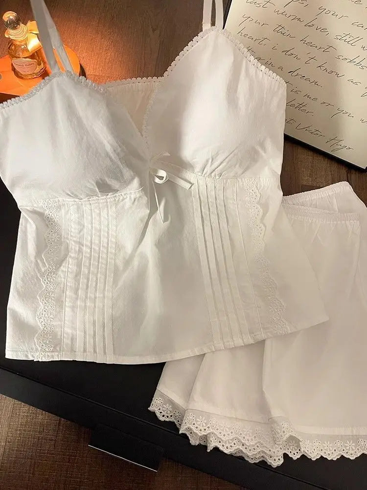 Lace Sleepwear Women Pajama Sets Spaghetti Strap Piiama Shorts Sets 2 Pieces Korean Night Wears Summer Cute White Home Suit 2025