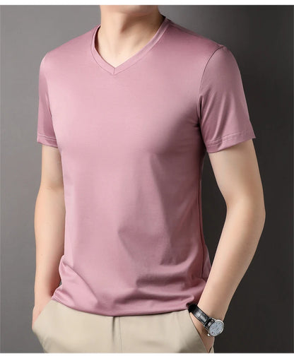 Top Grade 1.7% Mulberry Silk New Brand Tops Round Neck t Shirts For Men 2025 Summer Short Sleeve Casual Fashion Mens Clothing