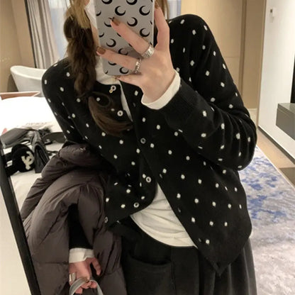 Polka dot knitted cardigan ins women's spring and autumn new style layered design sense versatile slimming long sleeved top black One Size