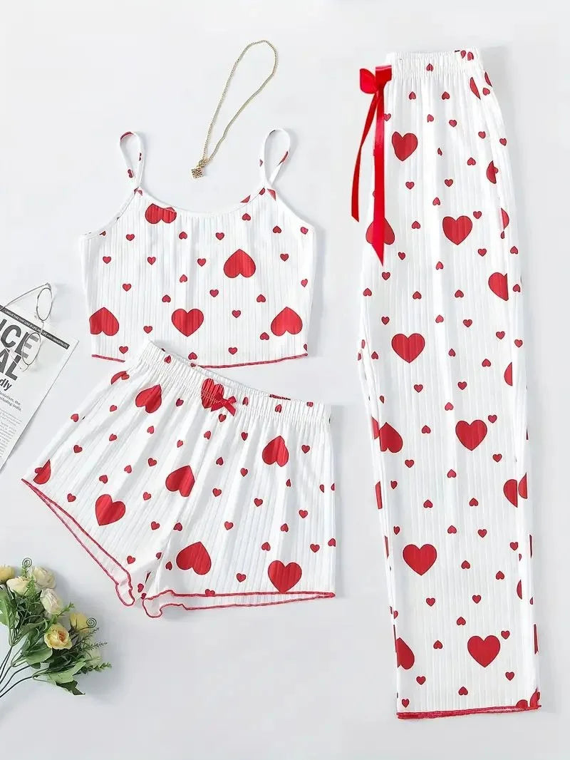 Autumn Winter Sleepwear Heart Print Sleeveless Cami Vest with Long Pants Trouser Set Pajamas Sets Women Sexy Lingerie Pyjamas Red 3pcs