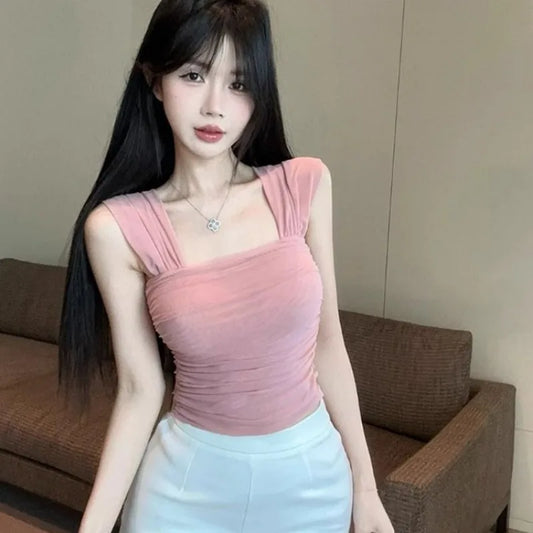 Women Clothing Summer Fashion Korean Solid Color Square Collar Ladies Simplicity All-match Appear Thin Short Sleeve Cotton Tops