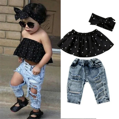 0-36months Baby Girls Summer Outfits Off Shoulder Polka Dot Tops + Ripped Jeans + Bow Headband Girls Casual 3pcs Set 36M