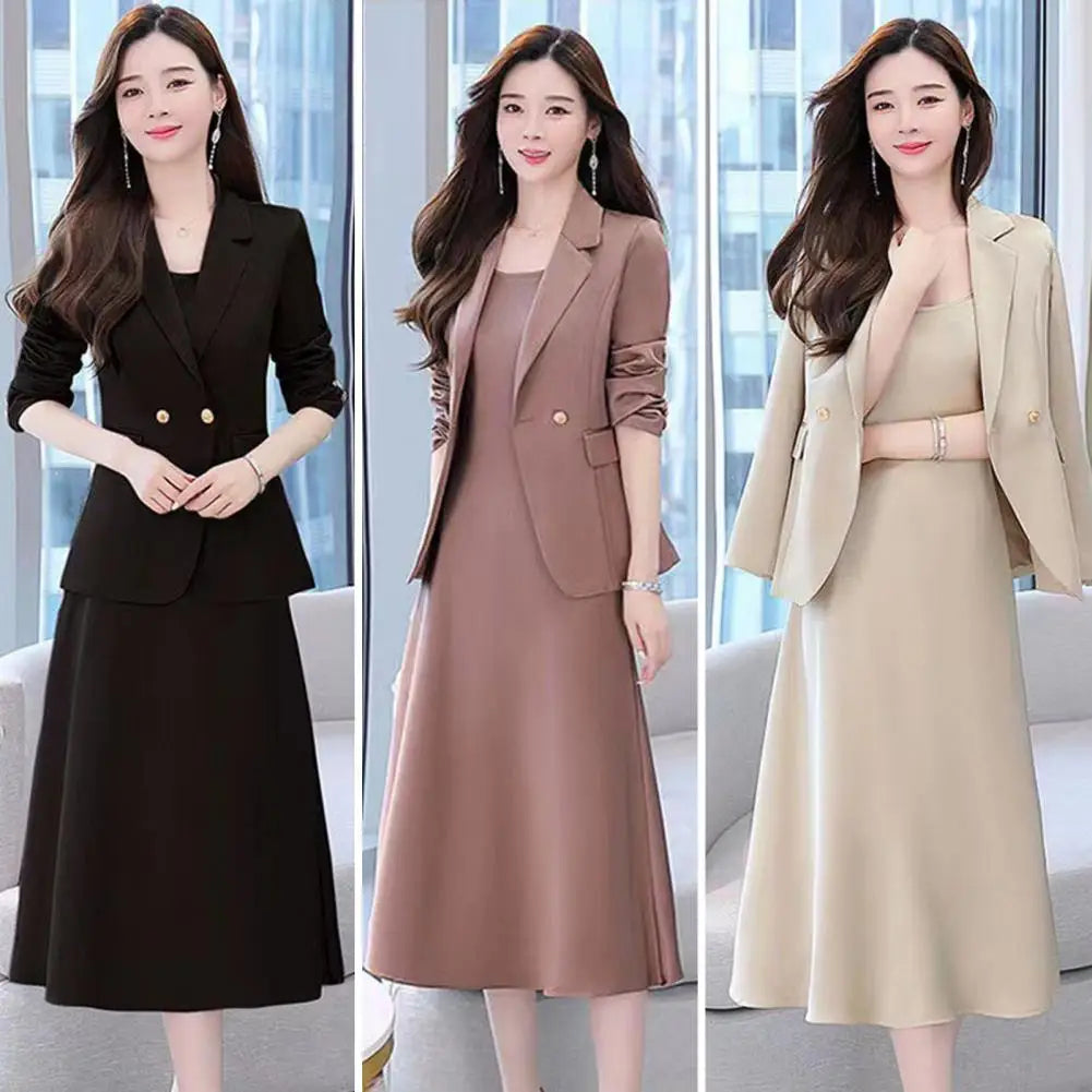 2Pcs/Set Summer Women Suit Dress Outfit Solid Color Mid-length Lady Dress Sets Light Luxury Commute Sling Dress Coat Set