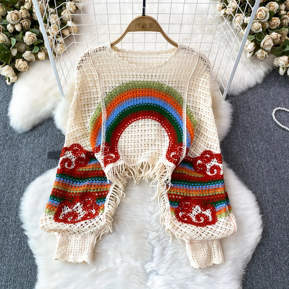 Embroidery Rainbow Crochet Top Sheer Openwork Pullover Batwing Sleeve Cover Up for Women Spring Summer Fairycore Outfit Badiee Stylez