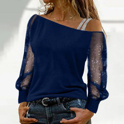 Fashion Slash Neck T Shirt Women Perspective Shiny Long Sleeves Tees Silver Strap Off Shoulder Pullover Streetwear Tops