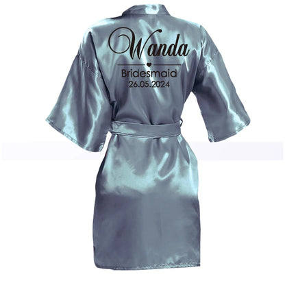 Customized Name Date Wedding Bathrobe Faux Silk Bridal Robe Bride Bridesmaid Wedding Robes Woman Bachelorette Hen Party gray green robe