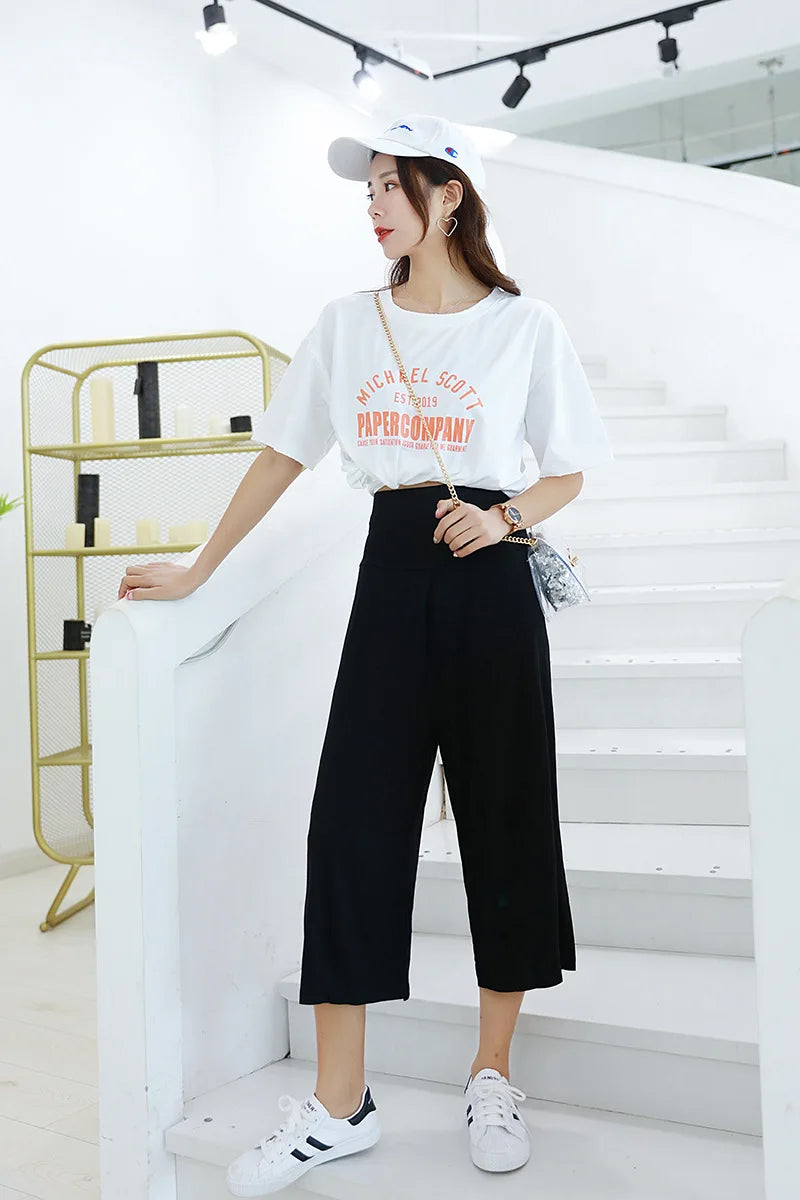 Spring Summer Modal Wide leg pants calf length Loose Casual yoga pant Plus size High Waist three quarter Trousers All match