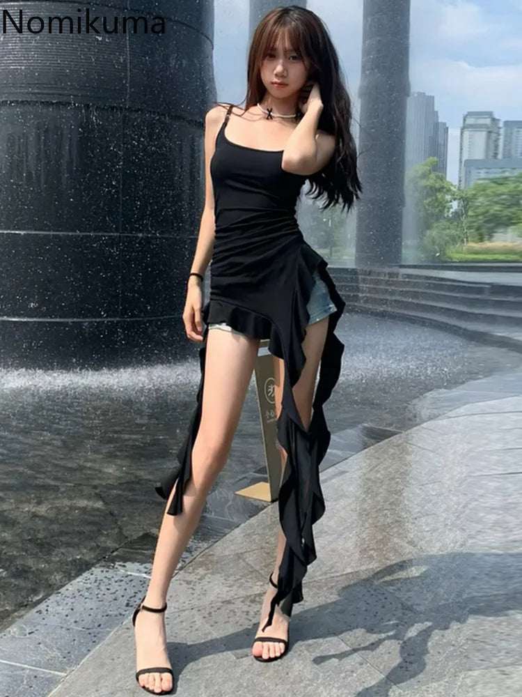 2025 Women Clothing Black Tunic Y2k Top Ruffles Sexy Camis Ropa Mujer Irrgeular Tassel Summer Vest Fashion Korean Crop Tanks