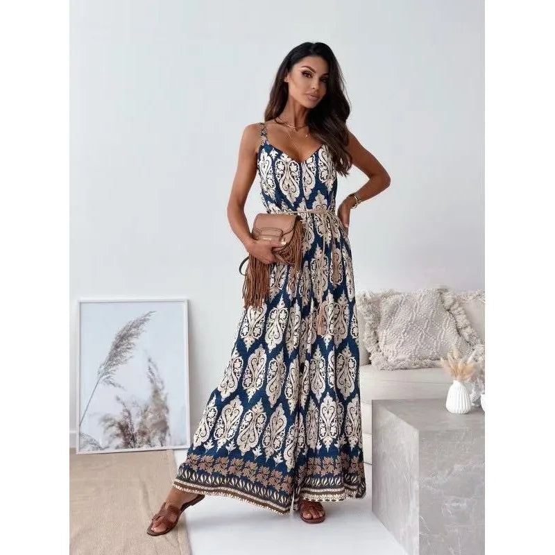 New Women's Wide Leg Jumpsuit V-Neck Strapless Belted Print New Style Short Pants