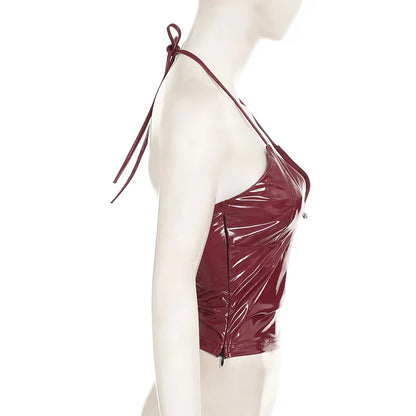 New y2k Solid Metal Button Women’s Halter Tops Sleeveless Pu Leather Punk Baddie Slim Women Blouses Streetwear Clothing Crop Top