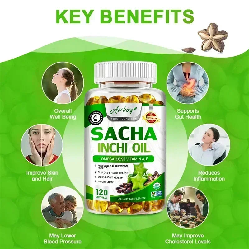 Sacha Inchi Oil Capsules - Supports Brain, Heart, Eye, Skin Health, Balances Cholesterol, Improves Digestion, Boosts Immunity