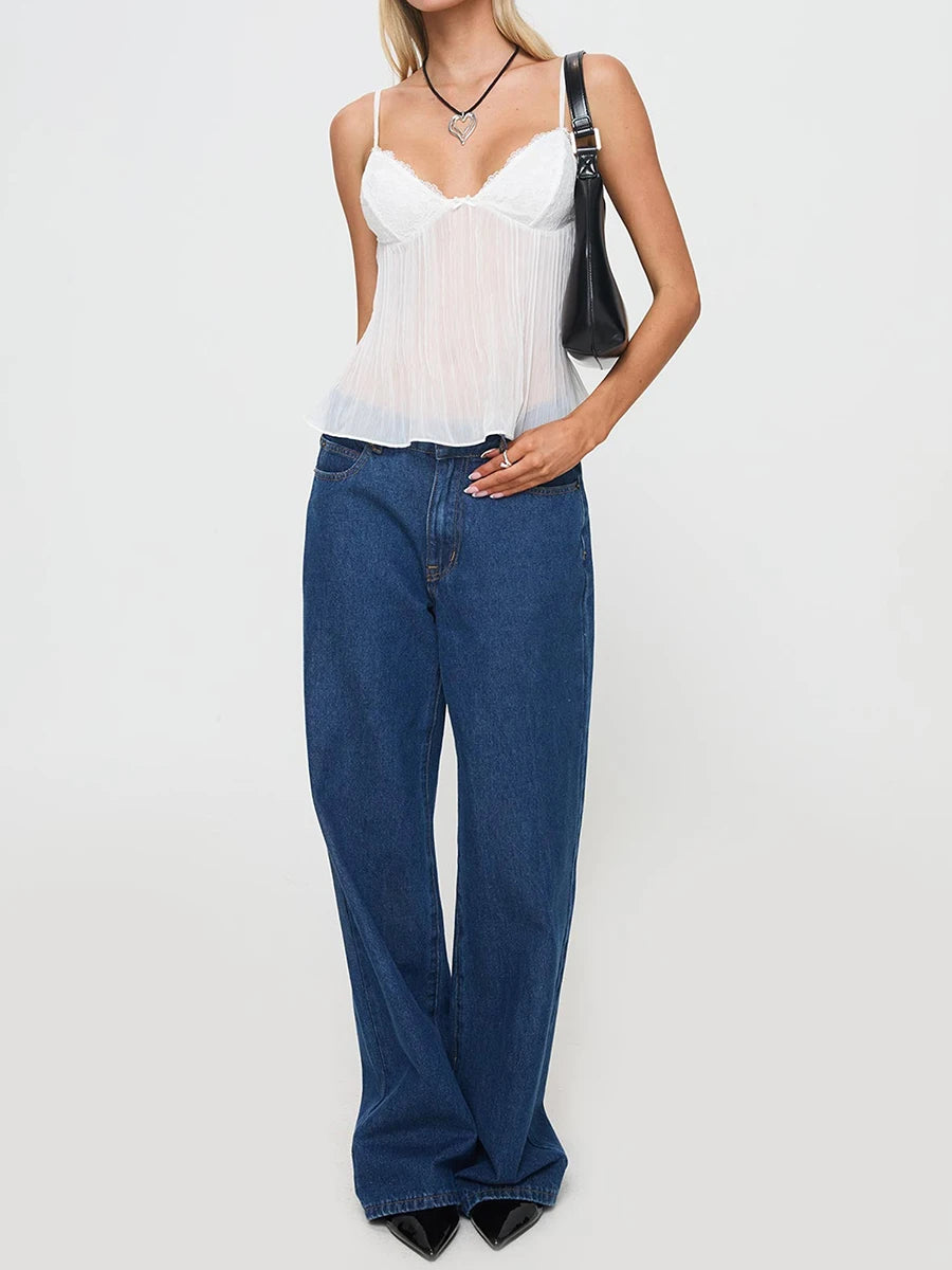 New Fashion Womens Pleated Camisole Mini Bowknot Front Spaghetti Strap V-Neck Lace Cropped Tops Club Street Style Hot Sale S-XL