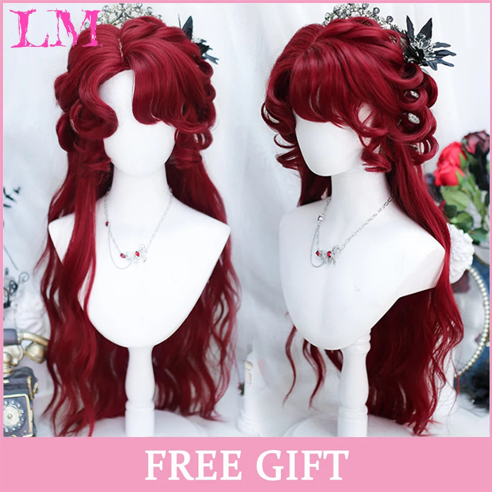 LM Long Silky Straight Synthetic Wigs with Bangs Black Cosplay Party Lolita Hair Wigs for Women Natural Heat Resistant Wig Bug