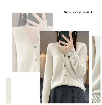 100 Merino Wool Knitted V-neck Sweater Women's Top Loose Korean Version Fashionable Versatile Autumn And Winter Cashmere Sweater