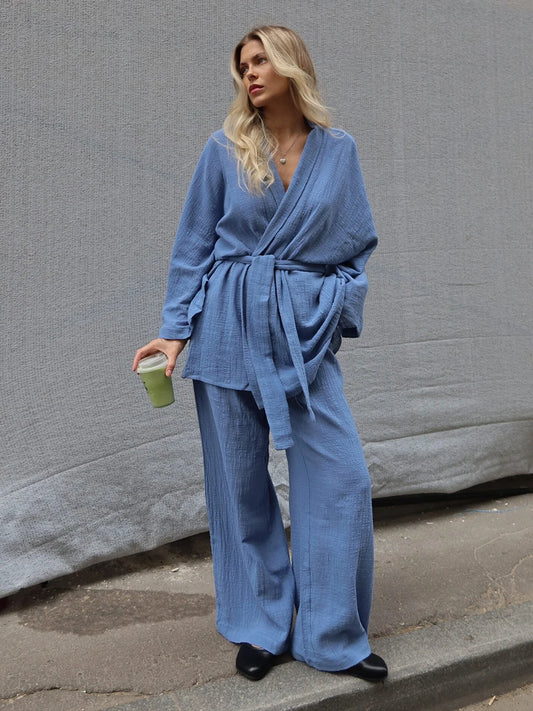 Mozuleva 2025 Autumn New 100% Cotton Women's Blue Lace Up Long Sleeve Pajama Set Loose Pants 2 Piece Leisure Homewear blue