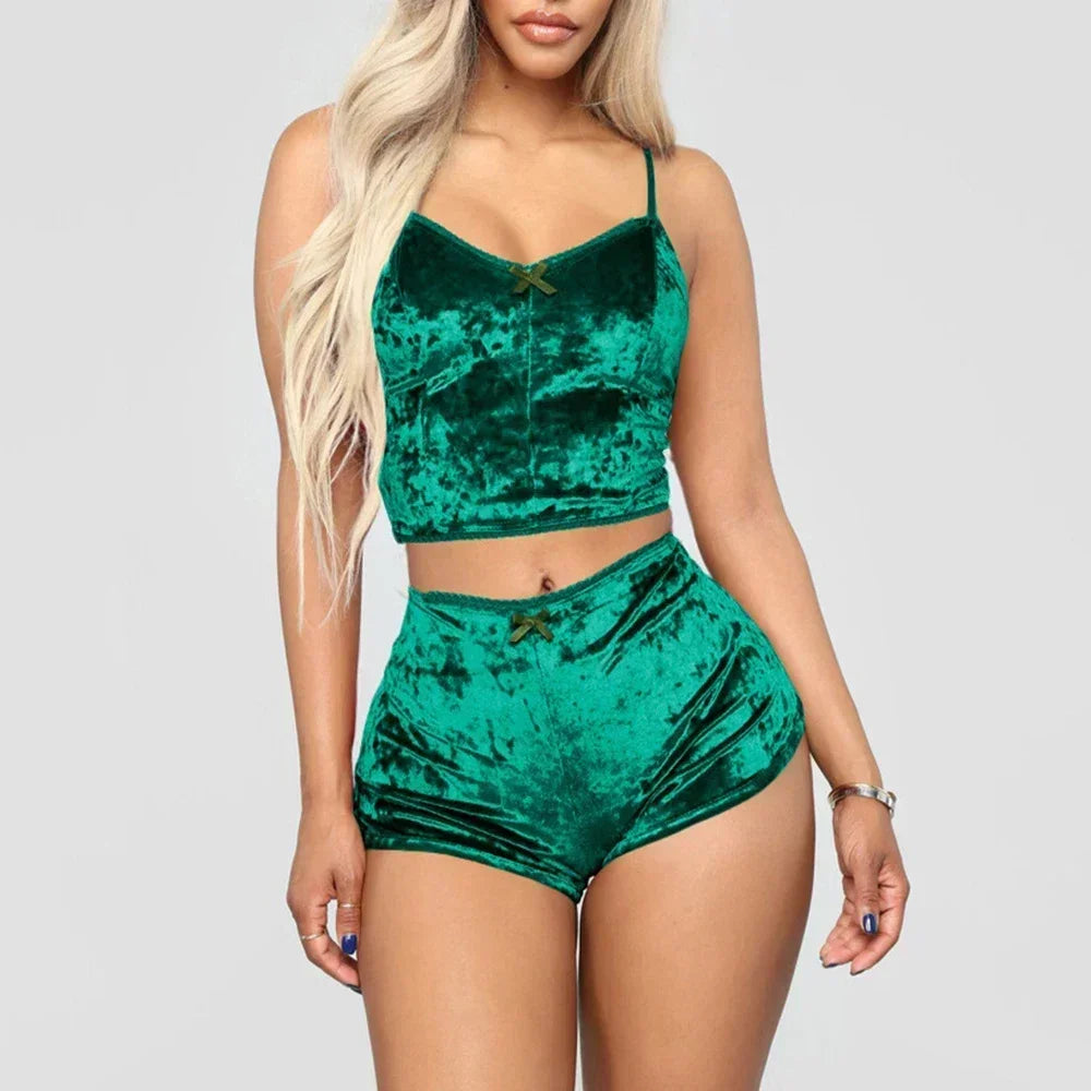 Women's Velvet Sleeveless V-neck Underwear Polyester Setcamisole+shorts Pajamas Set Comfortable Home Clothes Top Pants green