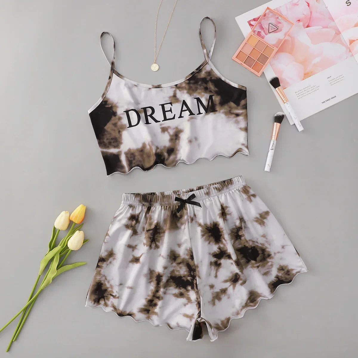 summer Pajamas Sets Women Sleepwear Sexy Lingerie Cute Tie-dyed Print Sleeveless O-Neck Thin Tops with Shorts Set Underwear Grey