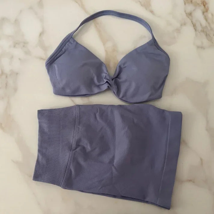 Impact Gym Set Women Two Piece Strappy Yoga Bra Top Workout Scrunch Shorts Suit Fitness Clothes Seamless Sportswear Workout Set Graphite grey