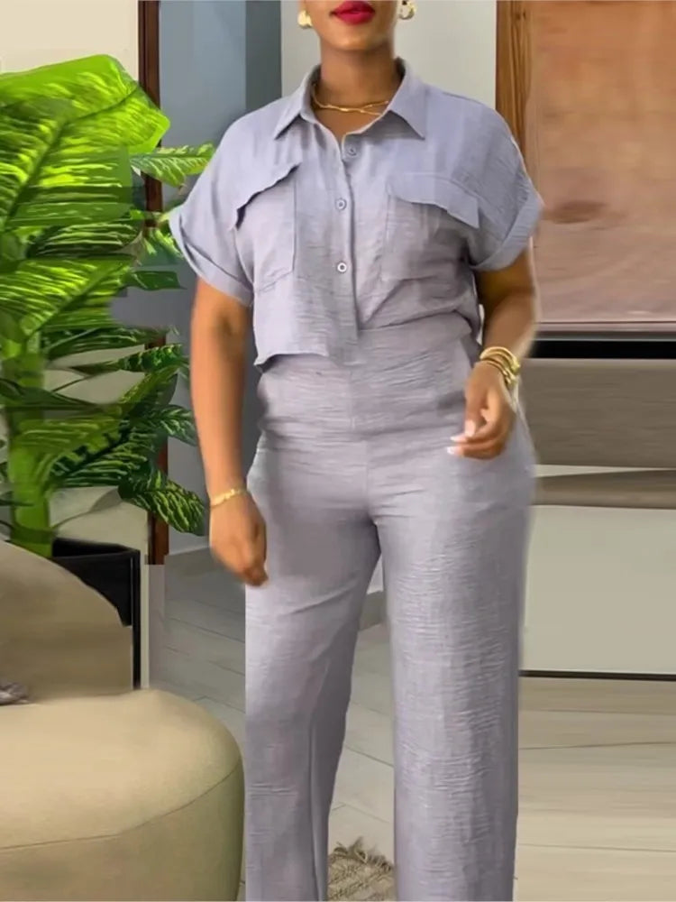 Women's Two-piece Set Spring Summer New Style Lapel Short-sleeved Shirt High Waist Wide Leg Trousers Casual Suit Women Clothing GRAY