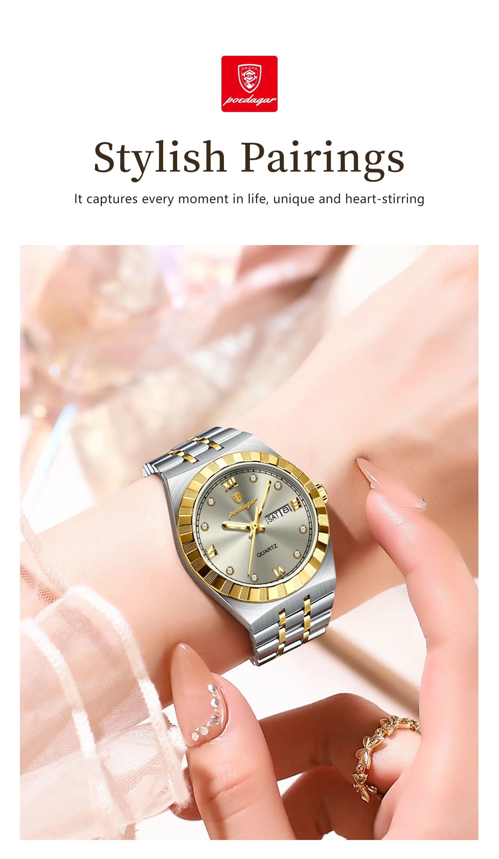POEDAGAR Luxury Original Ladies Watch Luminous Waterproof Week Date Woman Wristwatch Stainless Steel Women Quartz Watches Female