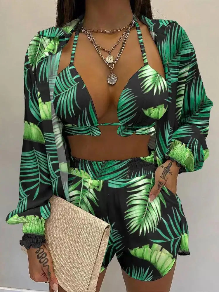 2023 New Green Print High Waist Bikini Sets Swimsuit Women Sexy Lace Up Three Pieces Swimwear Beachwear For Bathing Suit Badiee Stylez