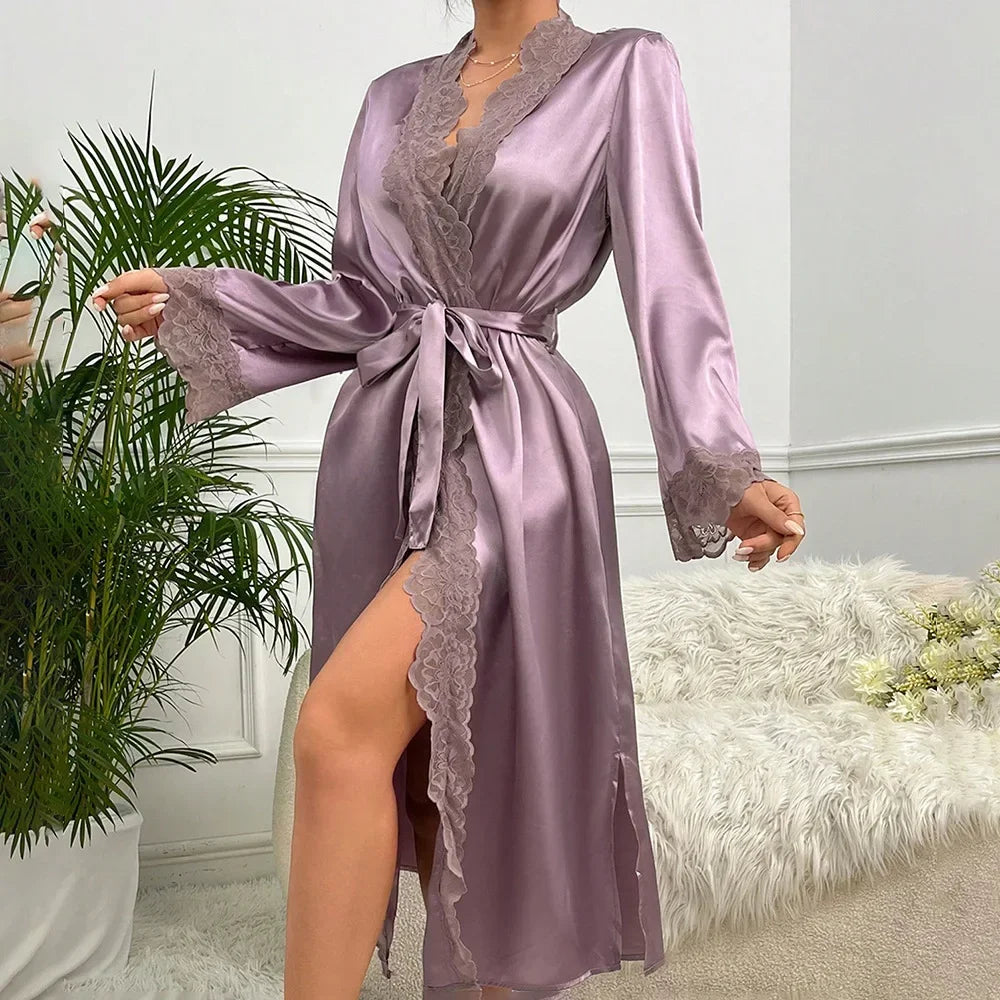 New Long Bathrobe Sexy Lace Light Luxury Long Sleeve Velvet Robe Bathrobe Bathrobe Home Wear