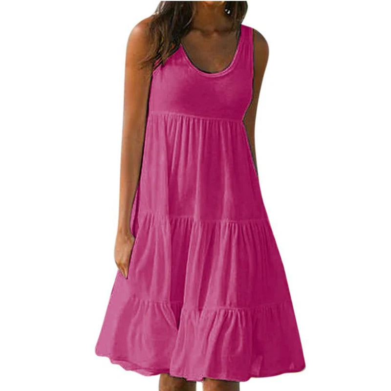 Women Casual Solid Mini Dress 2024 Summer Elegant Sleeveless Ruffles Loose Short Dress Beach Party Sundress Oversize Streetwear Rose Red