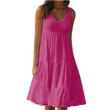 Women Casual Solid Mini Dress 2024 Summer Elegant Sleeveless Ruffles Loose Short Dress Beach Party Sundress Oversize Streetwear Rose Red