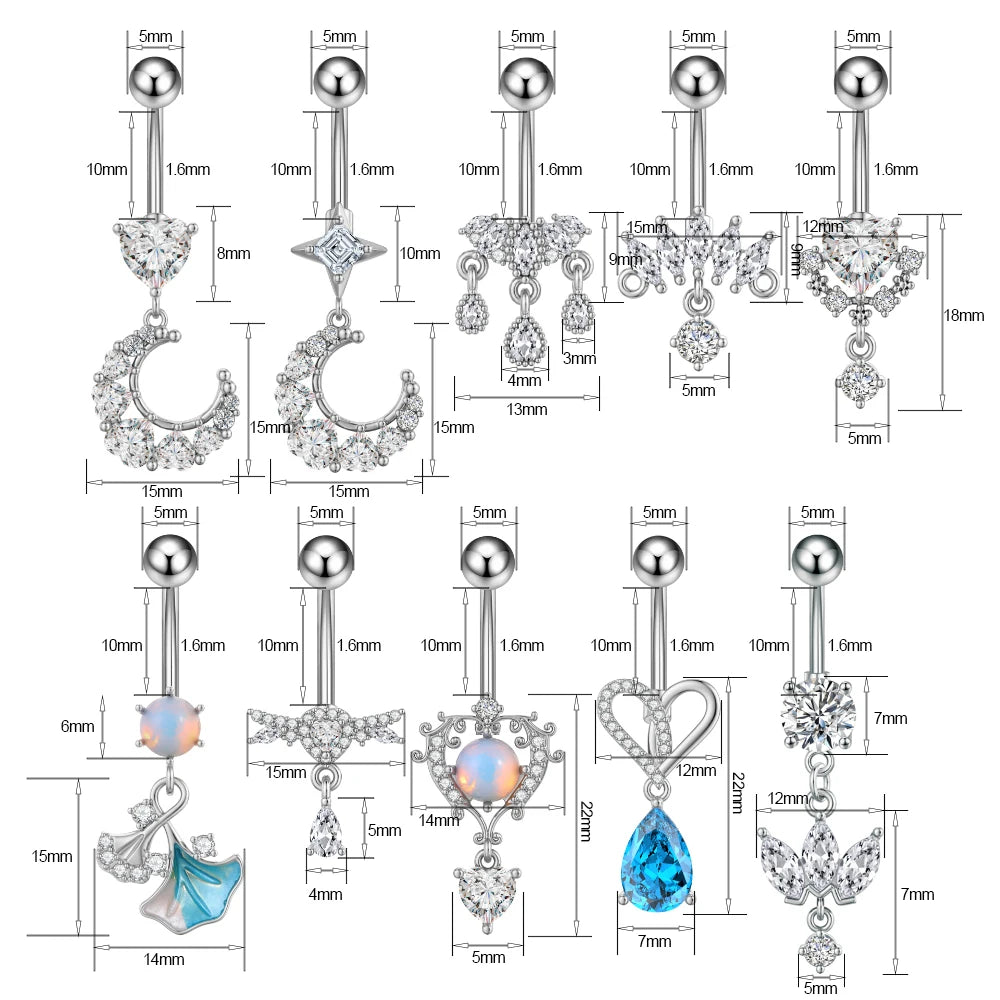 Zircon Crystal Belly Button Ring Dangle Wing Piercing Nombril Ombligo Surgical Steel Barbell Heart Round Navel Stud Body Jewelry