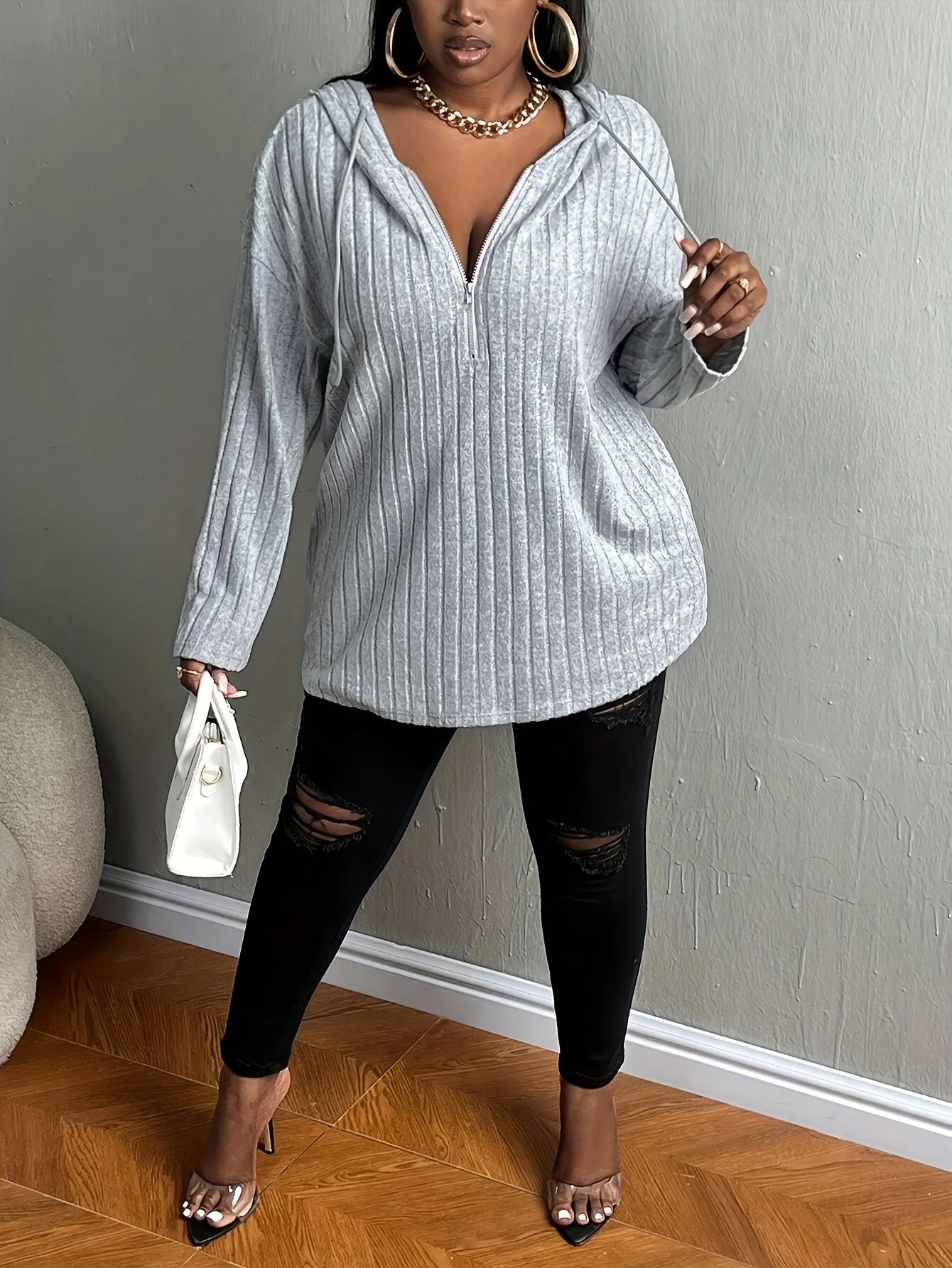 Plus size European and American cross-border autumn and winter new casual solid color half zipper hooded sweatshirt