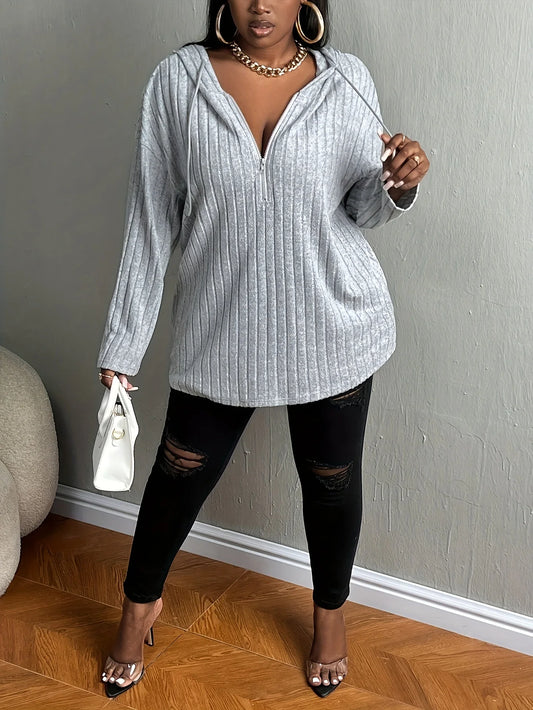 Plus size European and American cross-border autumn and winter new casual solid color half zipper hooded sweatshirt