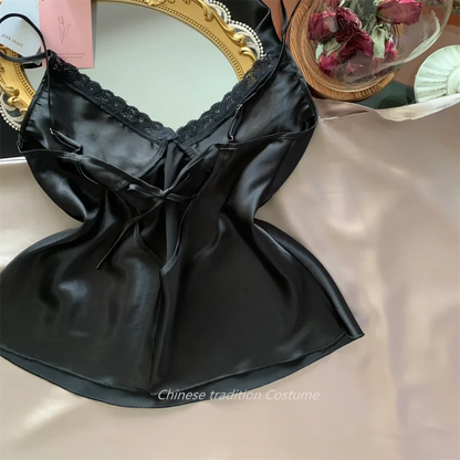 Black Pajamas Suit Lace Up Cami&shorts Set 2Pcs Satin Home Clothes Lady Sexy Lingerie Sleepwear Loungewear Plus Size 3Xl