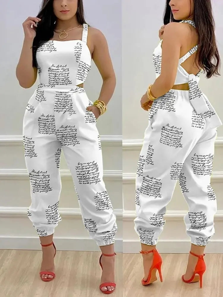 New Summer Fashion Printed Sleeveless Jumpsuit Sexy Hollow Backless Lace Up Long Jumpsuits Elegant Casual Jumpsuit With Pocket Badiee Stylez