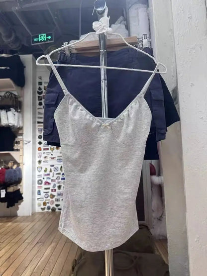 Floral Print Bow V Neck Camis Women Chic Lace Trim Sleeveless Slim Crop Tops Vest Sweet Casual Fashion Raw Hem Tank Top Y2k New New bow gray One Size