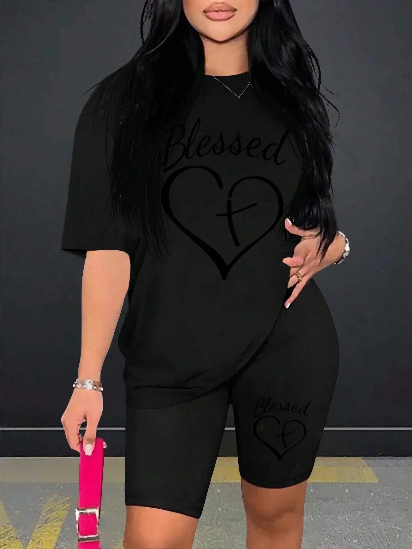 Black Line Heart Pattern Print Two Piece Set Machine Washable Basics For Women Short Sleeve Suit Casual Breathable Shorts Sets Badiee Stylez