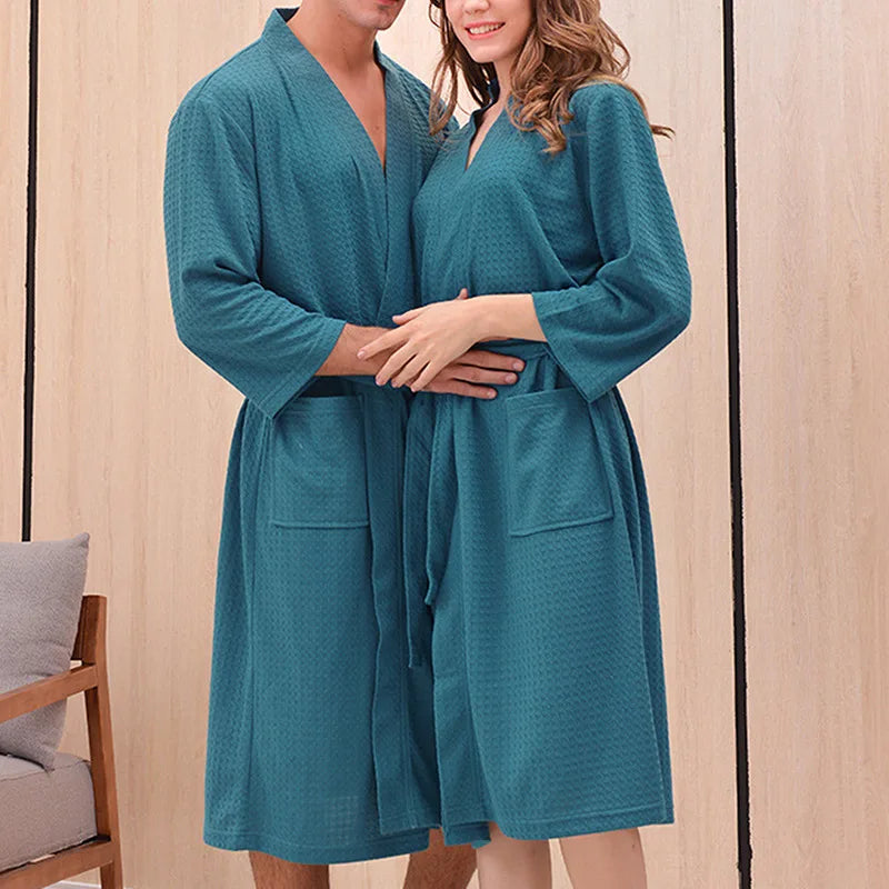 Women Men Bath Robe Waffle Shower Sleepwear Nightgowns Robe Male Female Bathrobe Long Woman Man Pajamas Dark Green 1pc