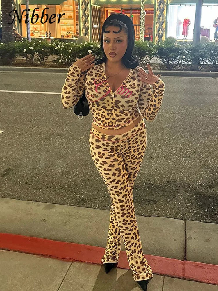 Nibber Leopard Print 2 Piece Set Women's Autumn Tracksuit Athleisure Hooded Crop Jacket + Flared Pants Stretch Matching Suit LD