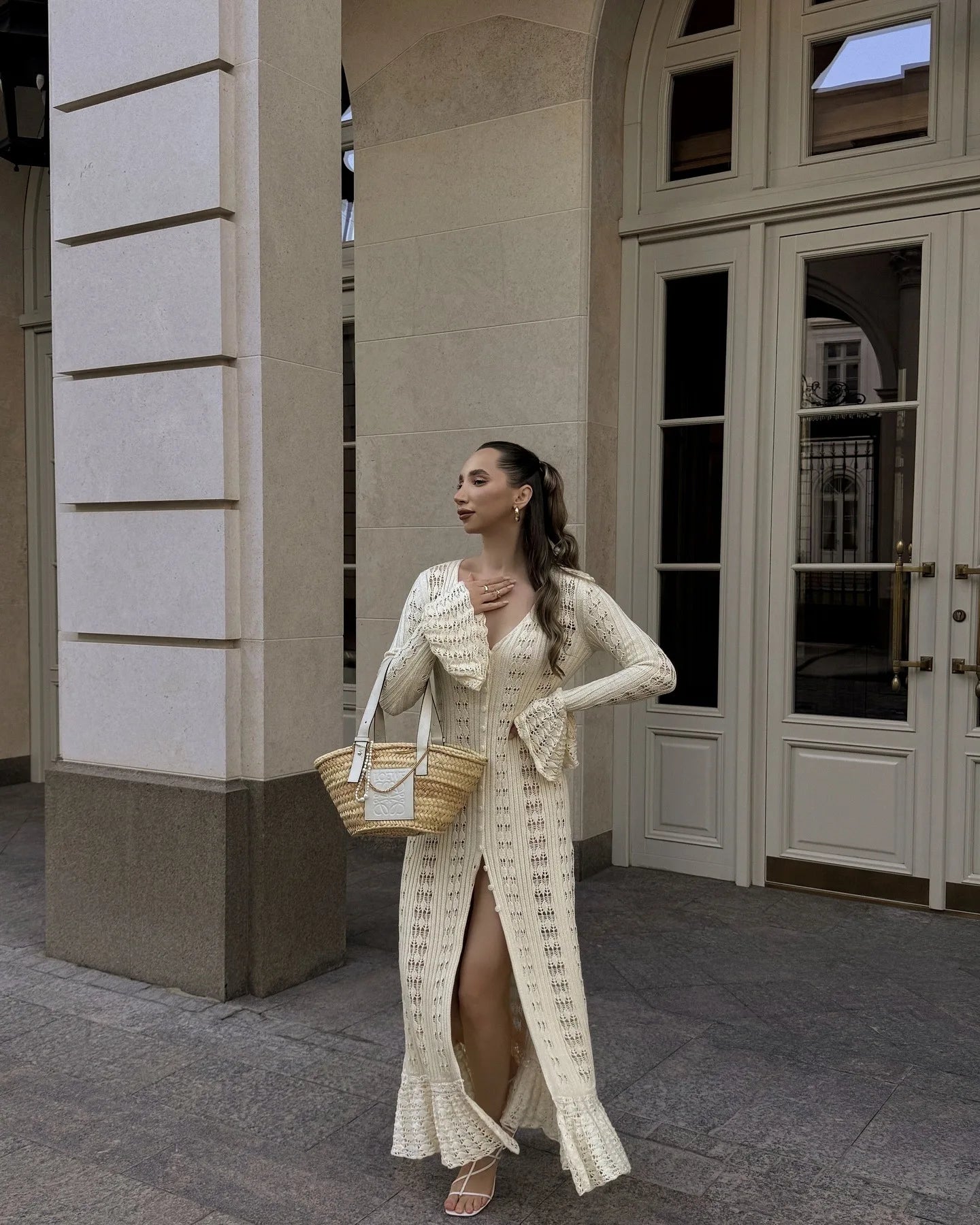 DSMTRC 2025 Holiday Knitted See-throught Cardigan Dress V Neck Long Flare Sleeves Leisure Long Trendy Single Breasted Autumn