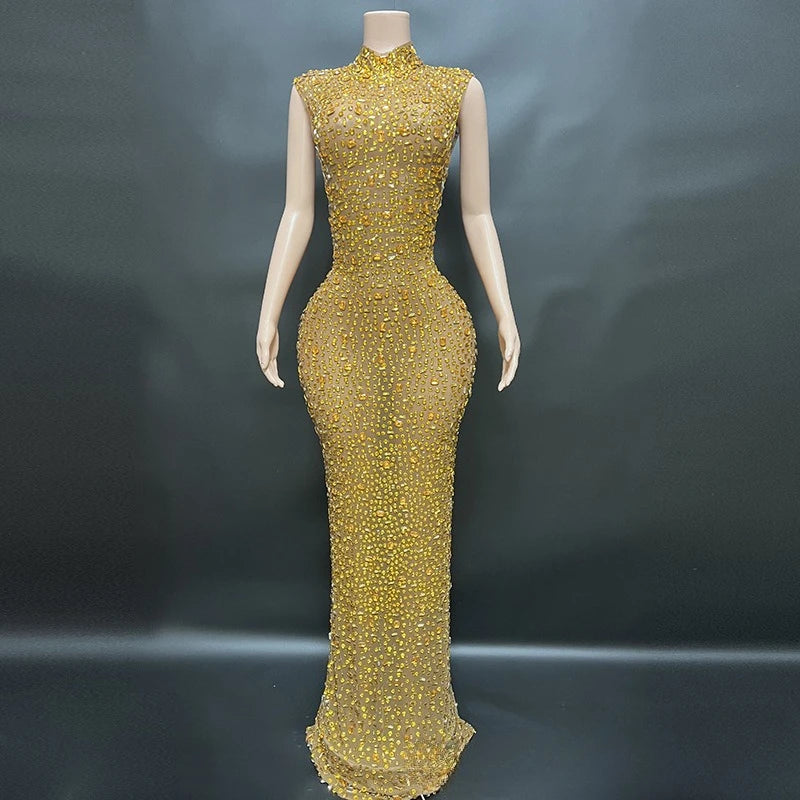 Sexy Full Drill Elastic Slim Fit Sleeveless Long Dress - Hip Wrap, For Host Stage Catwalk & Engagement Evening High-Slit Dresses Badiee Stylez